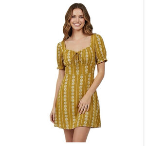 Hem & Thread Mustard Geometric Floral Boho Mini Dress Large